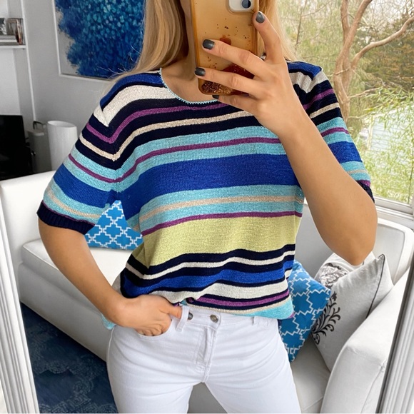 🌈 CANDA BLUE MULTI STRIPE KNIT SHORT SLEEVE SWEATER! - Picture 5 of 16